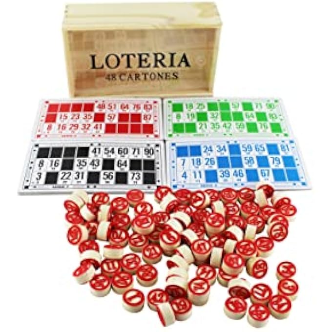 rayihni LOTTERY BINGO GAMES 48 CARDS AND 90 CHIPS OF 2 SIDED AND WOODEN STORAGE BOX. - Image 1